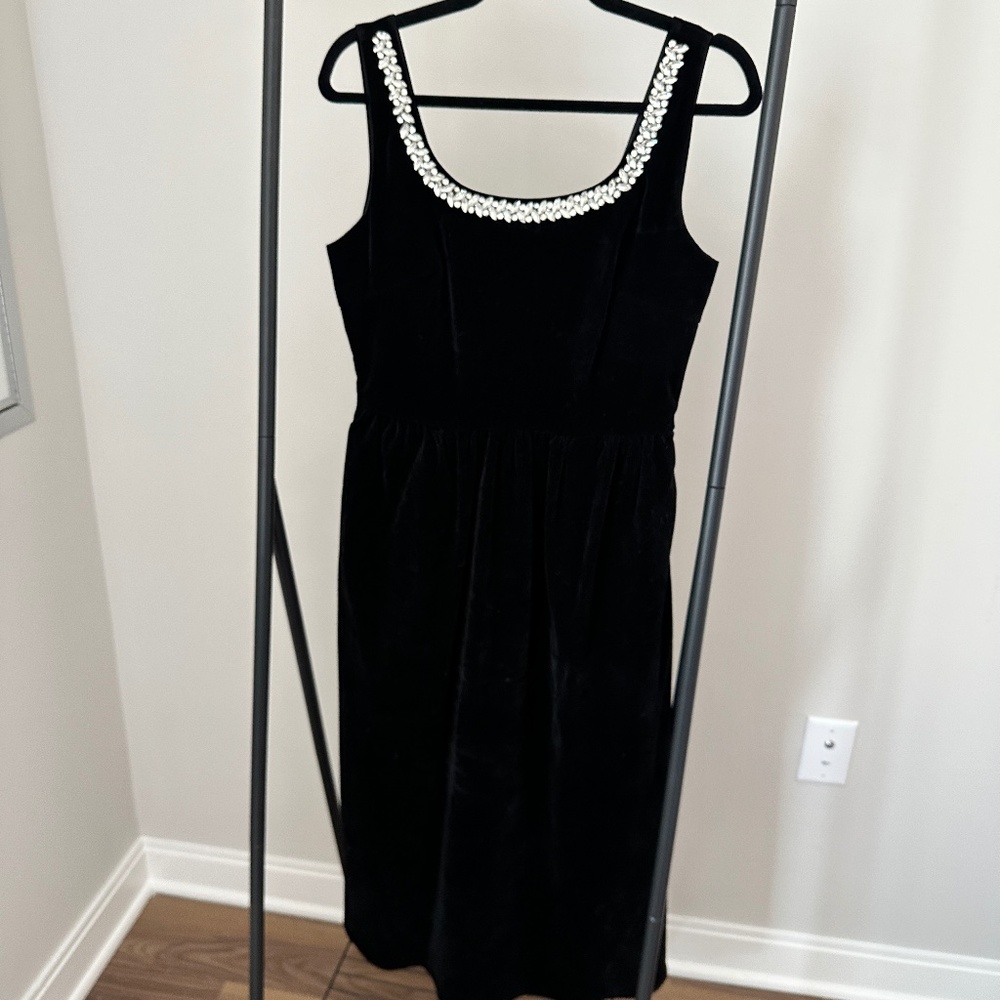 Black Velvet Embellished Midi Dress with Rhinestone Scoop Neckline